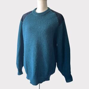 Isles Knit Shetland Scottish Wool Sweater Leather Elbow Patches Blue Crew Large